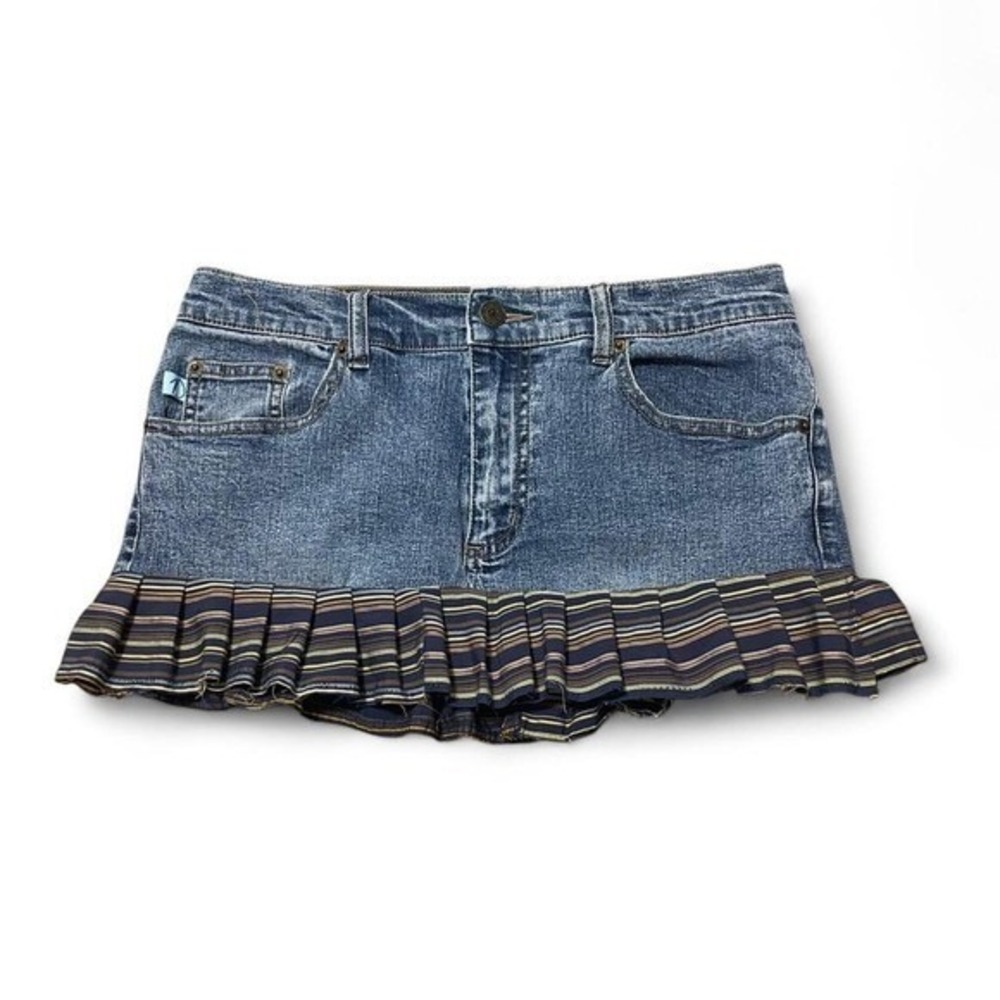 handmade upcycled Y2K blue denim skirt with striped ruffle pleated hem